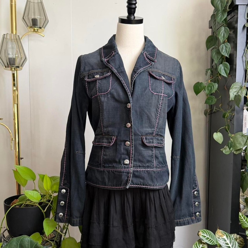 Escada Sport Womens Y2K Dark Denim Jacket Pink Stitching Satin Trim Size 42 L